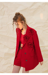 HIGH CLASS ROSETTE TRIM LAPEL LONG SLEEVE SINGLE BREASTED OVERSIZED BLAZER